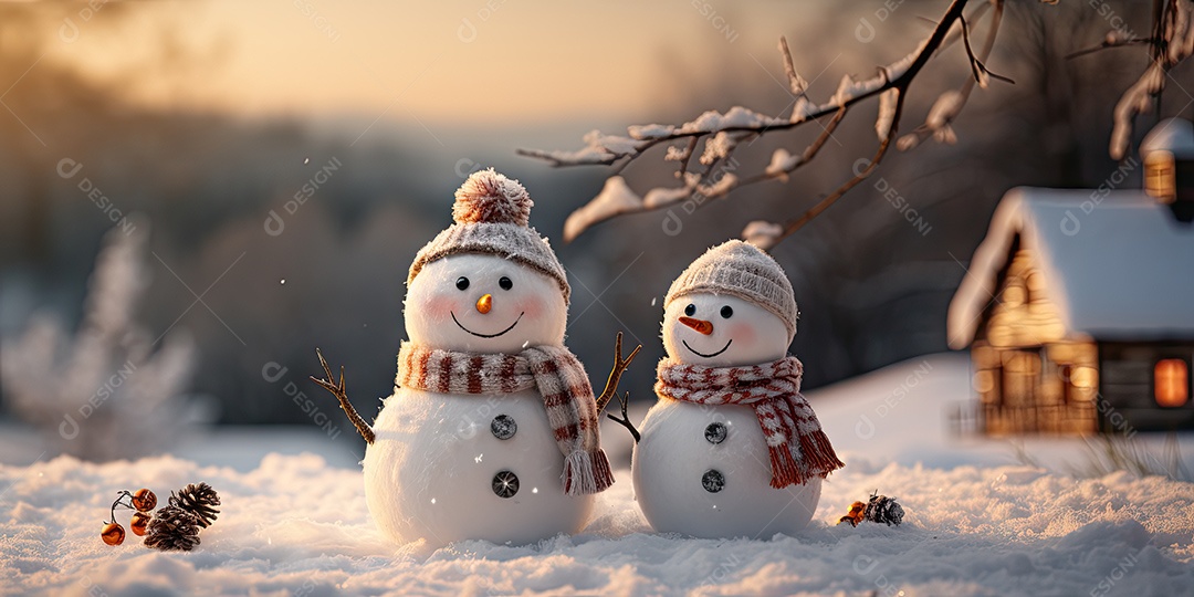 Bonecos de neve fofo e sorridente em fundo bokeh IA Generativa