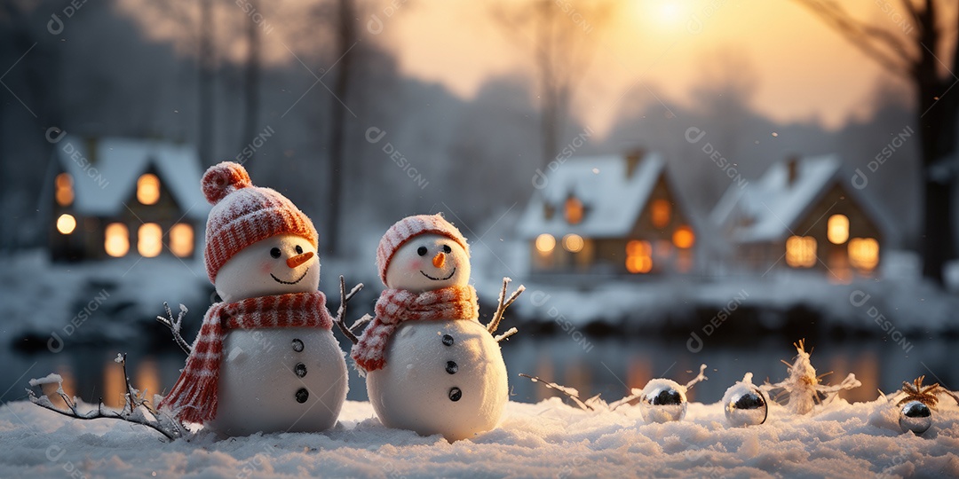 Bonecos de neve fofo e sorridente em fundo bokeh IA Generativa