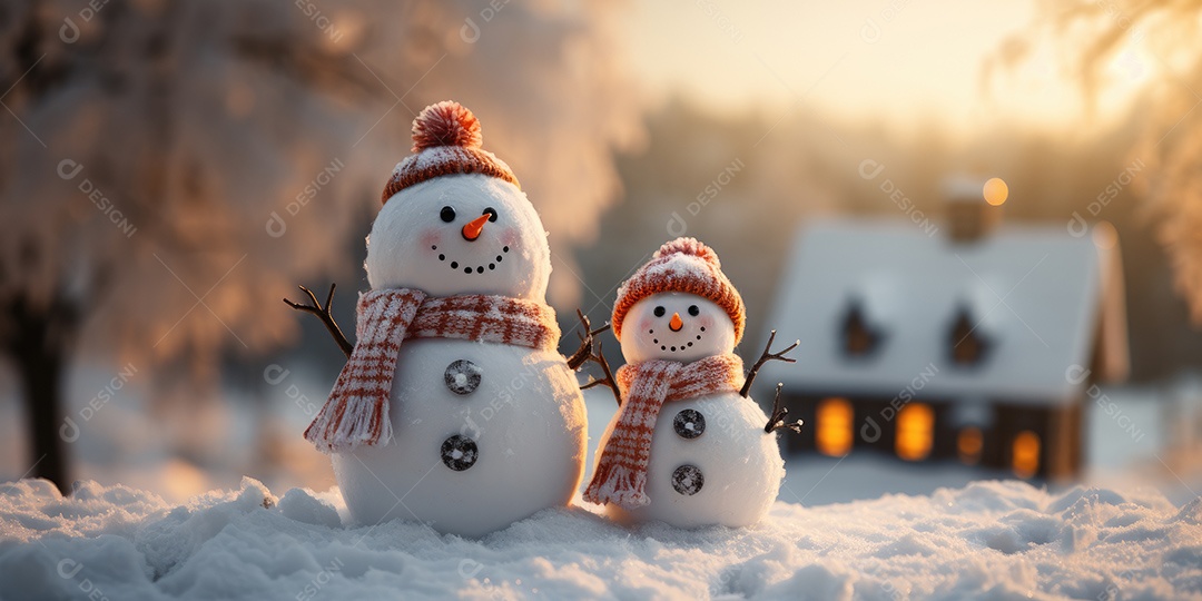 Bonecos de neve fofo e sorridente em fundo bokeh IA Generativa