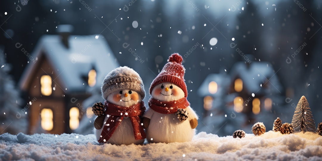 Bonecos de neve fofo e sorridente em fundo bokeh IA Generativa