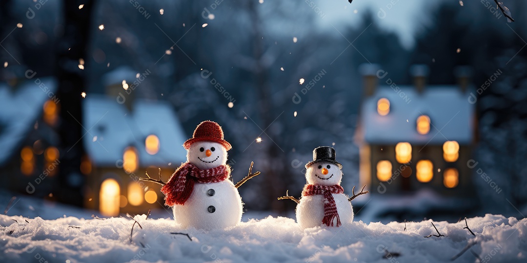 Bonecos de neve fofo e sorridente em fundo bokeh IA Generativa