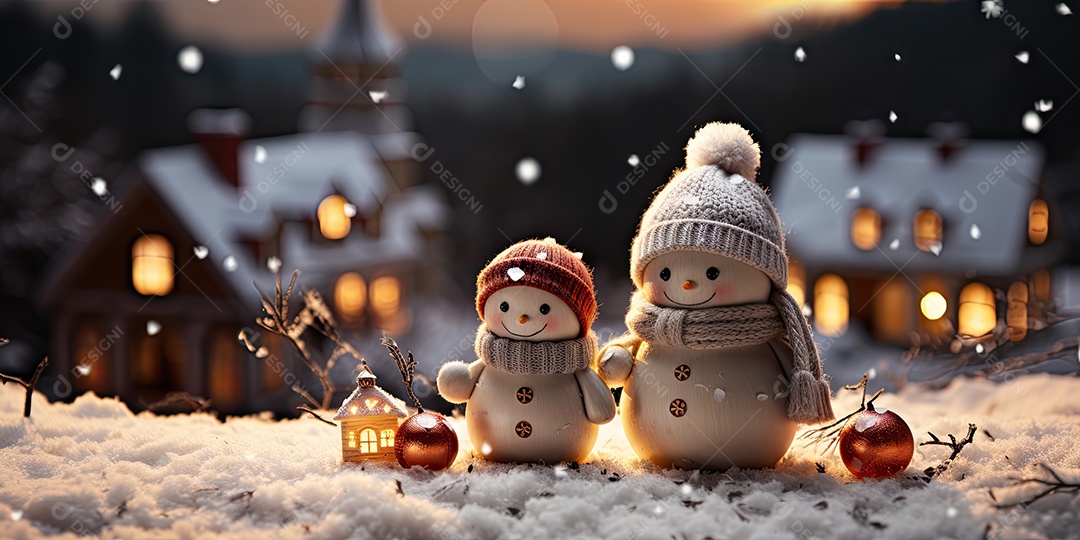 Bonecos de neve fofo e sorridente em fundo bokeh IA Generativa