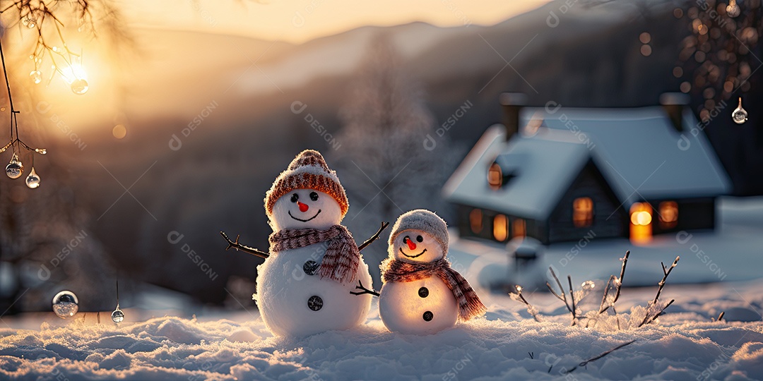 Bonecos de neve fofo e sorridente em fundo bokeh IA Generativa