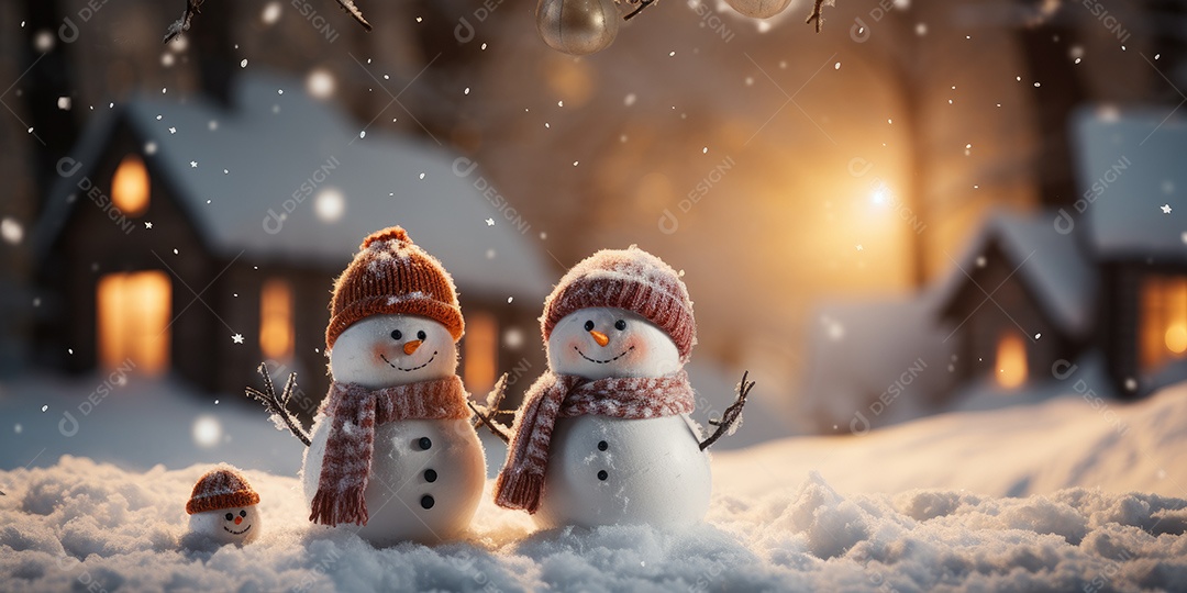 Bonecos de neve fofo e sorridente em fundo bokeh IA Generativa