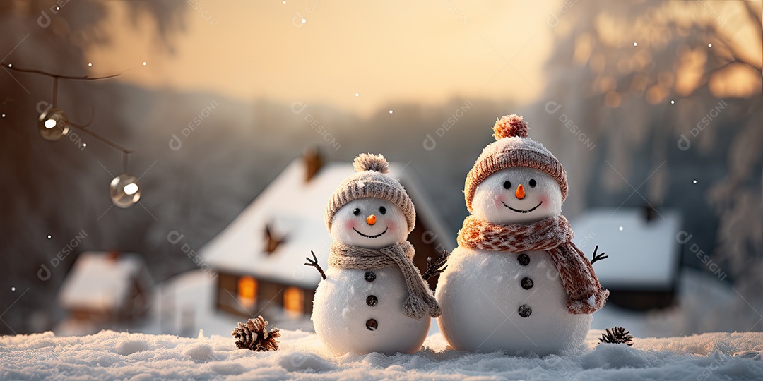 Bonecos de neve fofo e sorridente em fundo bokeh IA Generativa