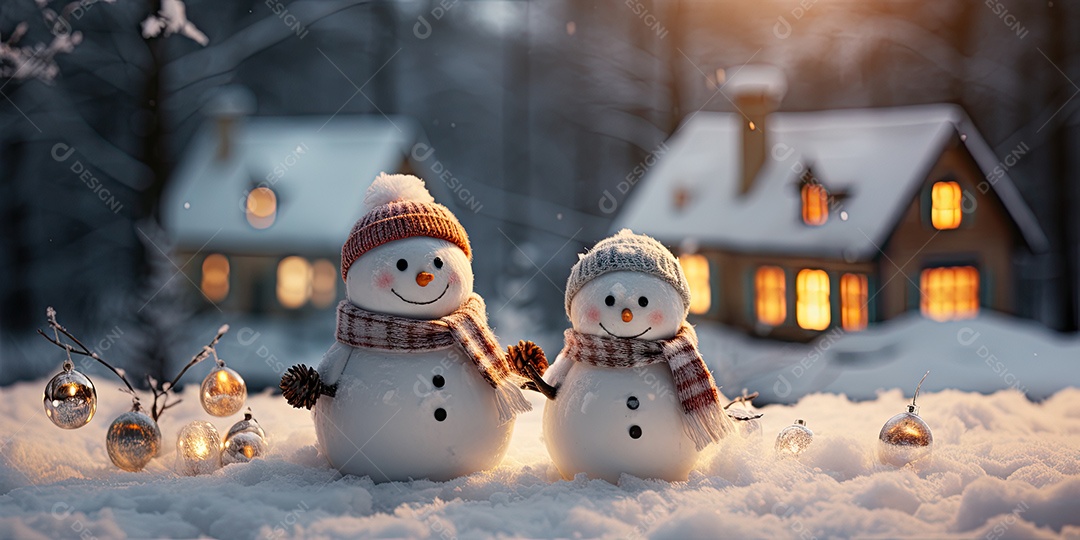 Bonecos de neve fofo e sorridente em fundo bokeh IA Generativa