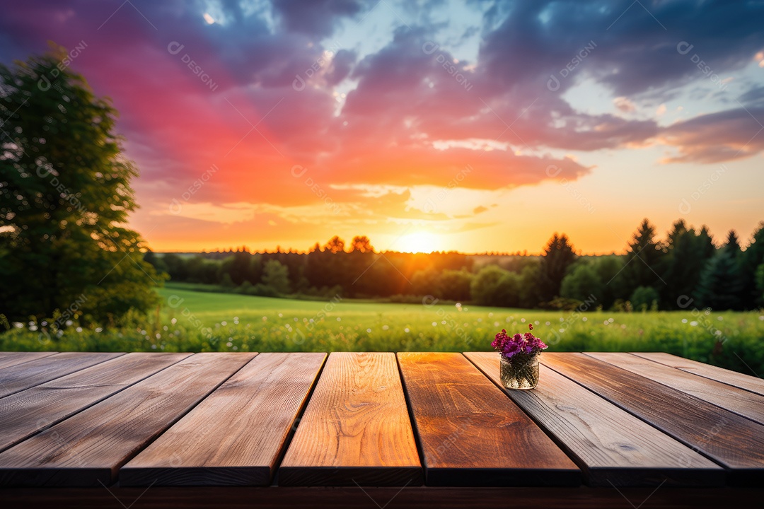 Um tampo de mesa de madeira com um fundo desfocado de luzes ao fundo IA generativa
