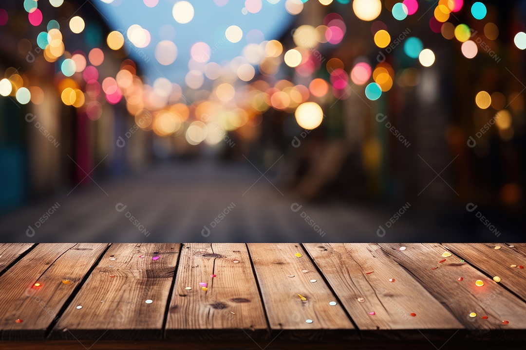 Um tampo de mesa de madeira com um fundo desfocado de luzes ao fundo IA generativa