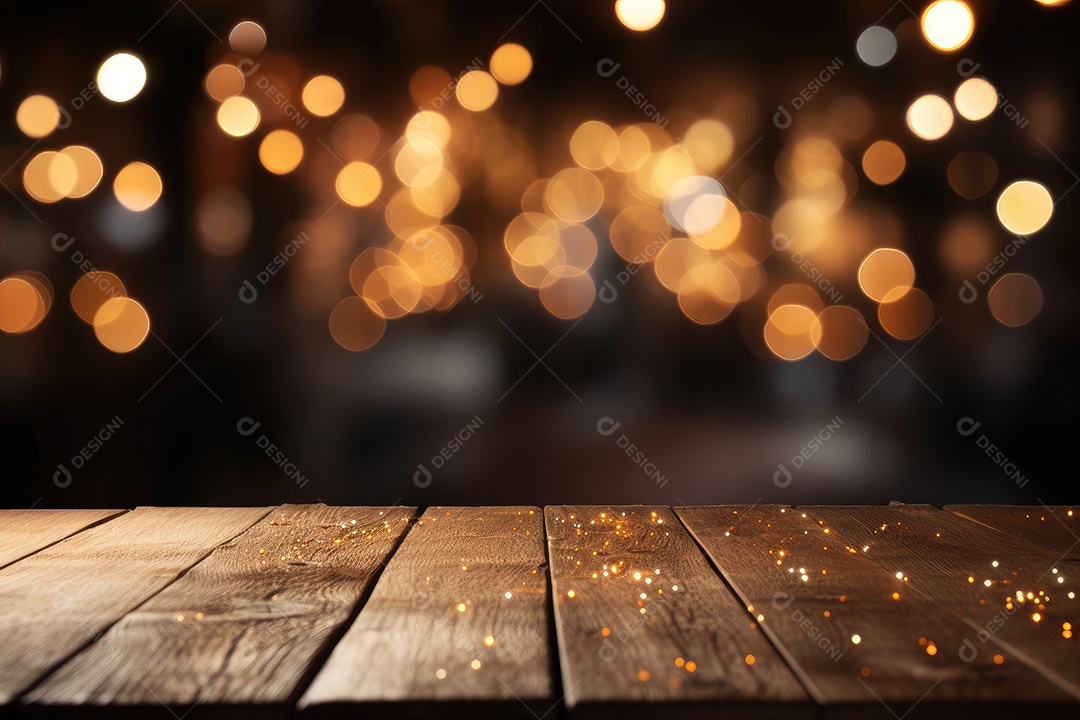 Um tampo de mesa de madeira com um fundo desfocado de luzes ao fundo IA generativa