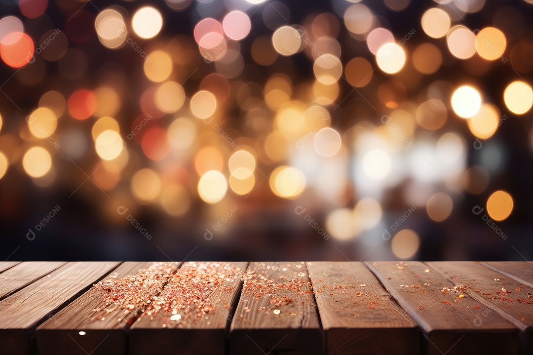 Um tampo de mesa de madeira com um fundo desfocado de luzes ao fundo IA generativa
