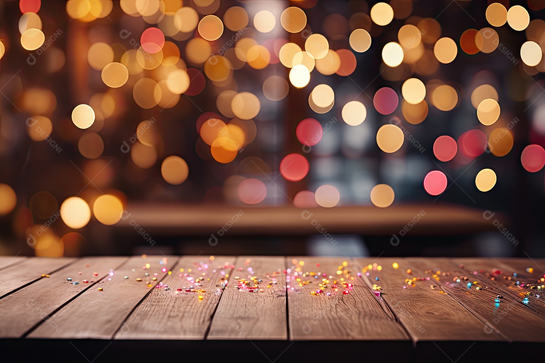 Um tampo de mesa de madeira com um fundo desfocado de luzes ao fundo IA generativa