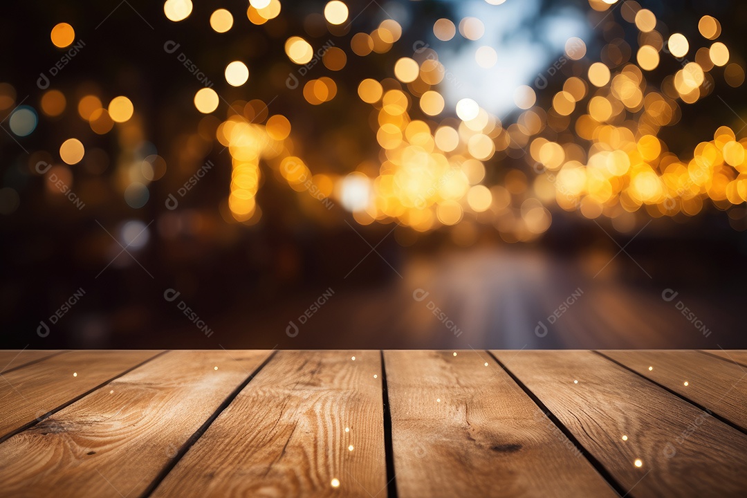 Um tampo de mesa de madeira com um fundo desfocado de luzes ao fundo IA generativa