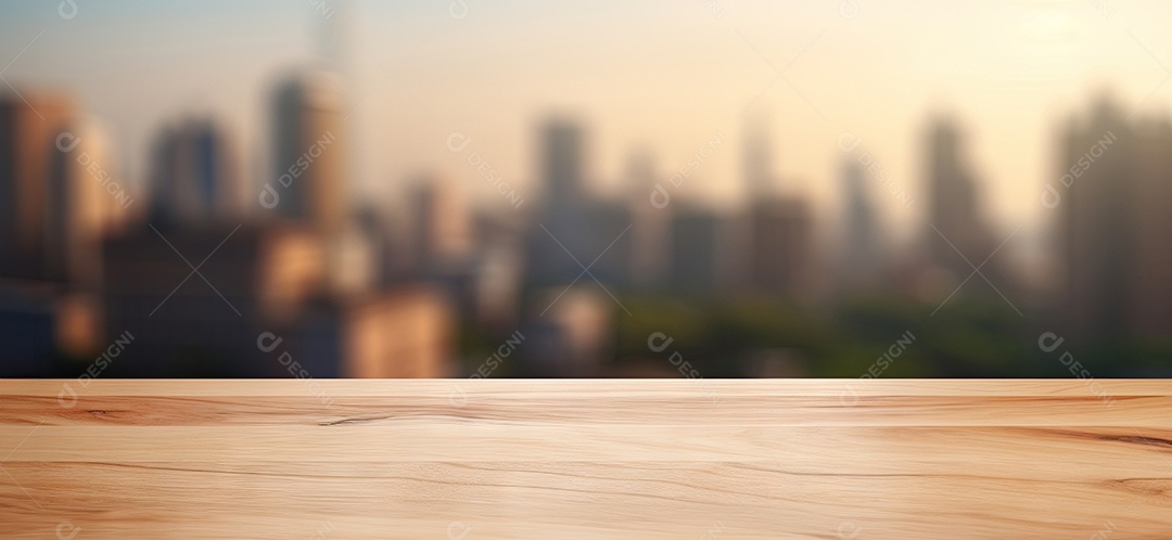 Um tampo de mesa de madeira com um fundo desfocado de luzes bokeh ao fundo IA generativa