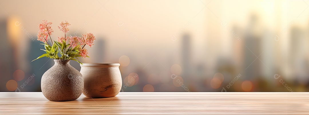 Um tampo de mesa de madeira com um fundo desfocado de luzes bokeh ao fundo IA generativa