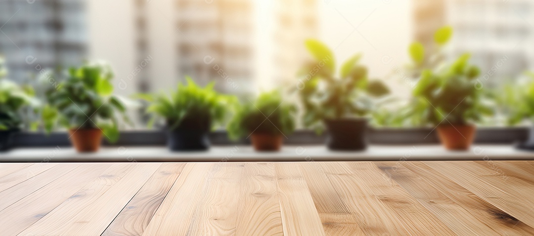 Um tampo de mesa de madeira com um fundo desfocado de luzes bokeh ao fundo IA generativa