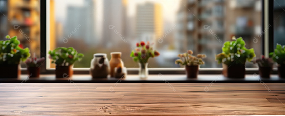 Um tampo de mesa de madeira com um fundo desfocado de luzes bokeh ao fundo IA generativa