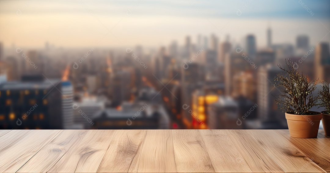 Um tampo de mesa de madeira com um fundo desfocado de luzes bokeh ao fundo IA generativa