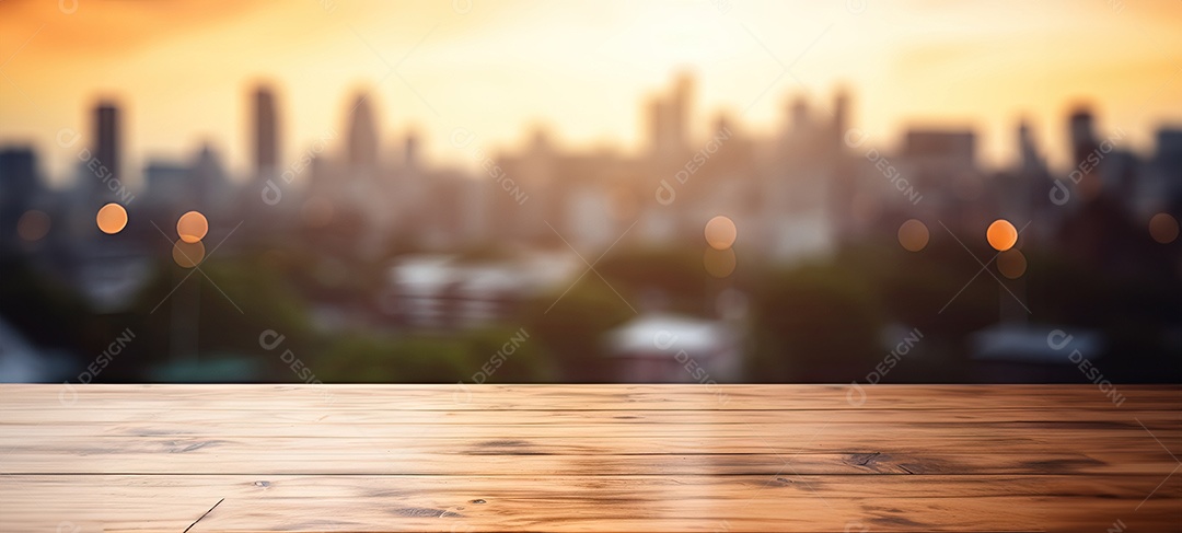 Um tampo de mesa de madeira com um fundo desfocado de luzes bokeh ao fundo IA generativa