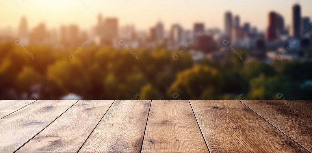 Um tampo de mesa de madeira com um fundo desfocado de luzes bokeh ao fundo IA generativa