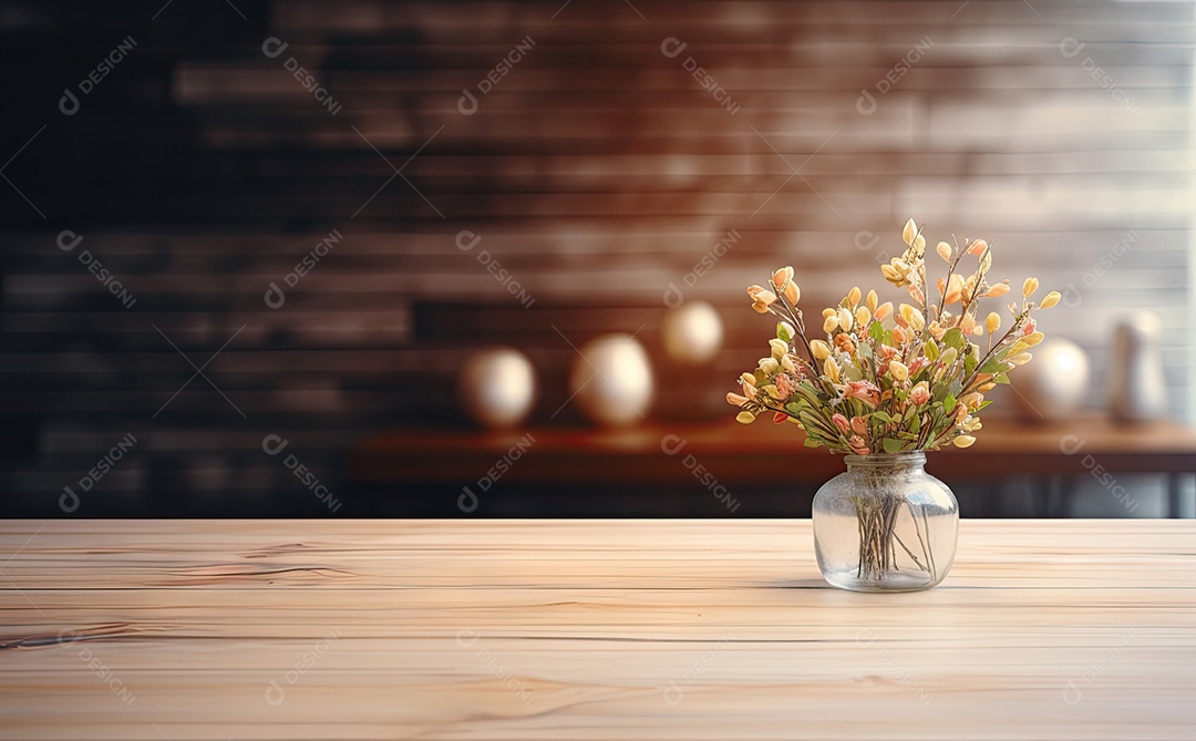 Um tampo de mesa de madeira com um fundo desfocado de luzes bokeh ao fundo IA generativa