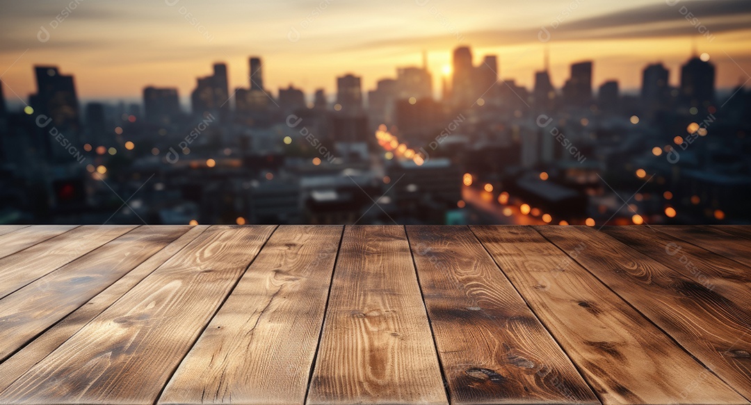 Um tampo de mesa de madeira com um fundo desfocado de luzes bokeh ao fundo IA generativa