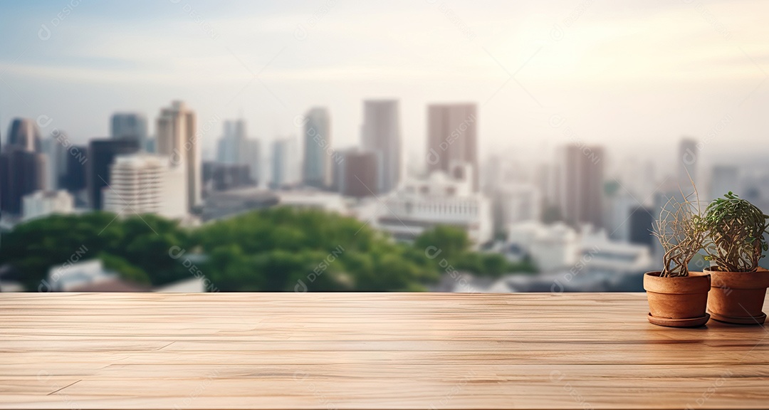 Um tampo de mesa de madeira com um fundo desfocado de luzes bokeh ao fundo IA generativa