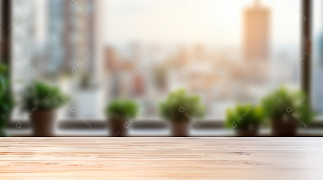 Um tampo de mesa de madeira com um fundo desfocado de luzes bokeh ao fundo IA generativa