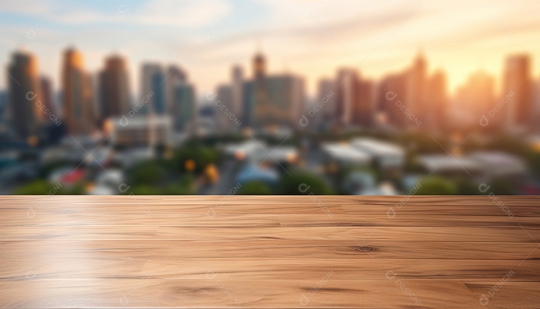 Um tampo de mesa de madeira com um fundo desfocado de luzes bokeh ao fundo IA generativa