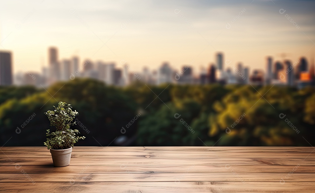 Um tampo de mesa de madeira com um fundo desfocado de luzes bokeh ao fundo IA generativa