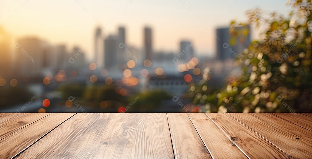 Um tampo de mesa de madeira com um fundo desfocado de luzes bokeh ao fundo IA generativa