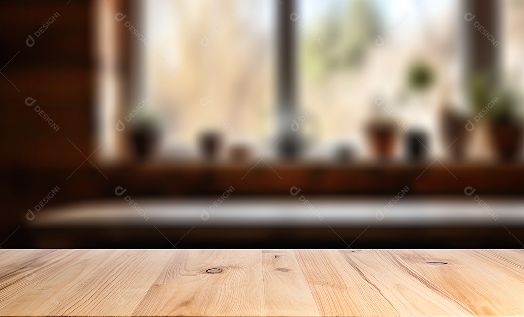 Um tampo de mesa de madeira com um fundo desfocado de luzes bokeh ao fundo IA generativa