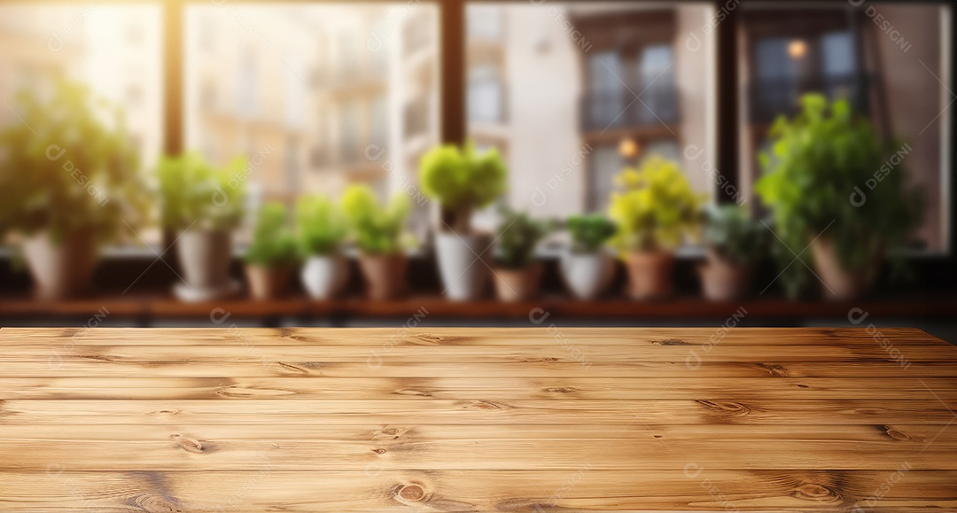 Um tampo de mesa de madeira com um fundo desfocado de luzes bokeh ao fundo IA generativa