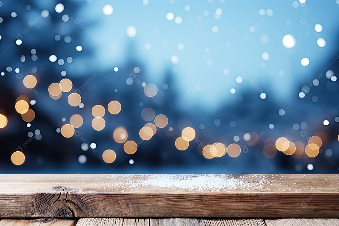 Um tampo de mesa de madeira com um fundo desfocado de luzes bokeh ao fundo IA generativa