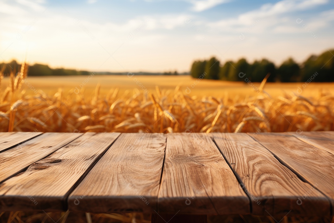 Um tampo de mesa de madeira com um fundo desfocado de luzes bokeh ao fundo IA generativa