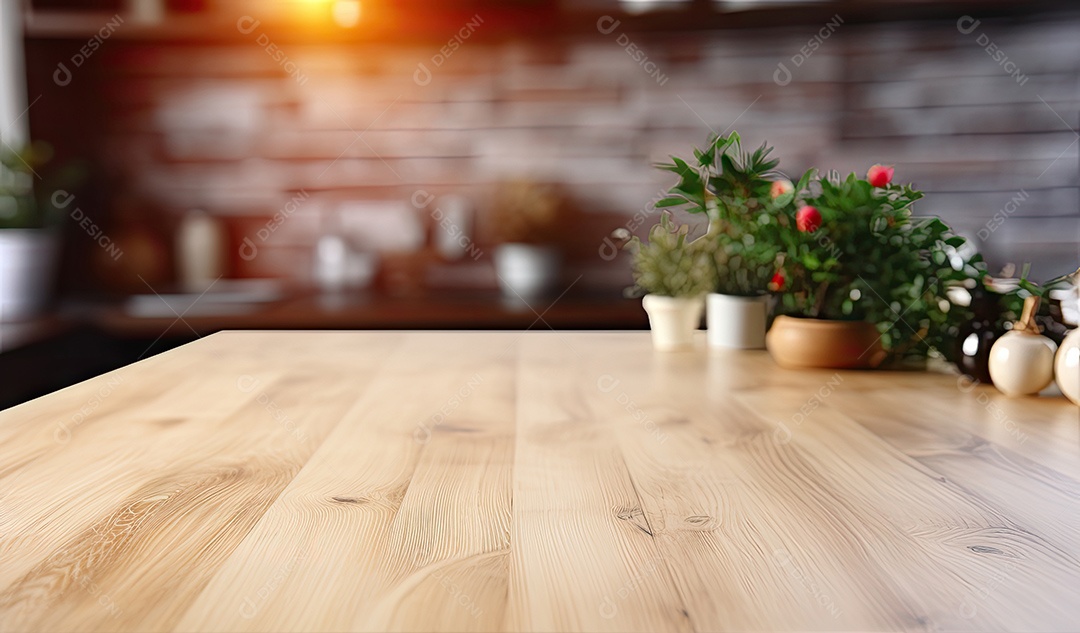 Um tampo de mesa de madeira com um fundo desfocado de luzes bokeh ao fundo IA generativa