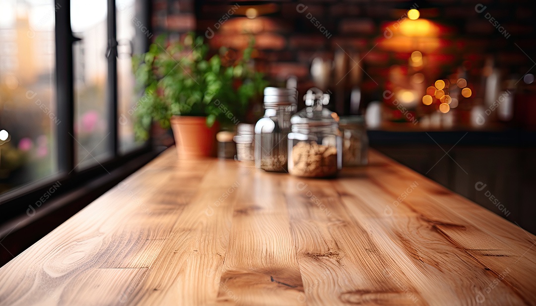 Um tampo de mesa de madeira com um fundo desfocado de luzes bokeh ao fundo IA generativa