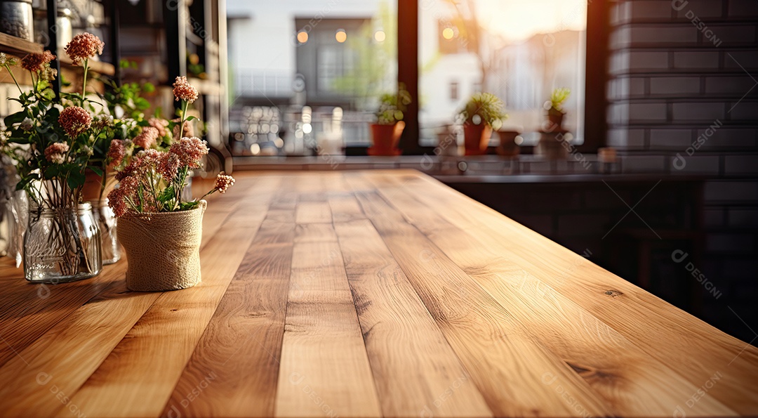 Um tampo de mesa de madeira com um fundo desfocado de luzes bokeh ao fundo IA generativa
