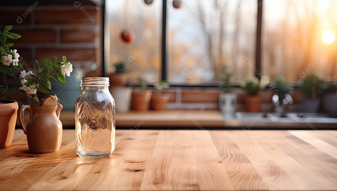 Um tampo de mesa de madeira com um fundo desfocado de luzes bokeh ao fundo IA generativa