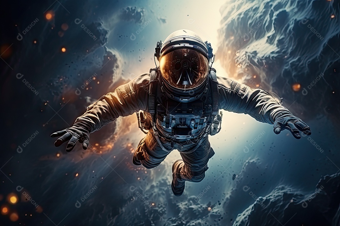 Um astronauta solitário voa em direção ao fim das estrelas na Via Láctea IA Generativa