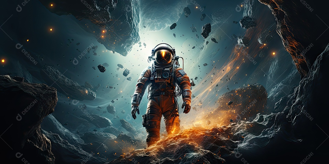 Um astronauta solitário voa em direção ao fim das estrelas na Via Láctea IA Generativa