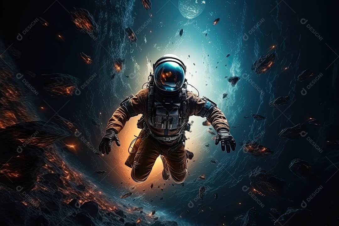 Um astronauta solitário voa em direção ao fim das estrelas na Via Láctea IA Generativa