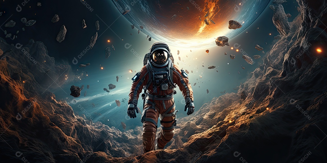 Um astronauta solitário voa em direção ao fim das estrelas na Via Láctea IA Generativa