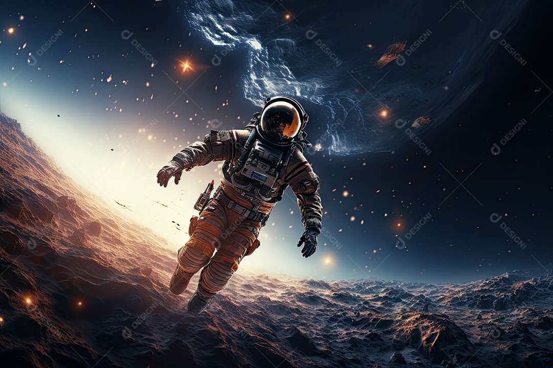 Um astronauta solitário voa em direção ao fim das estrelas na Via Láctea IA Generativa