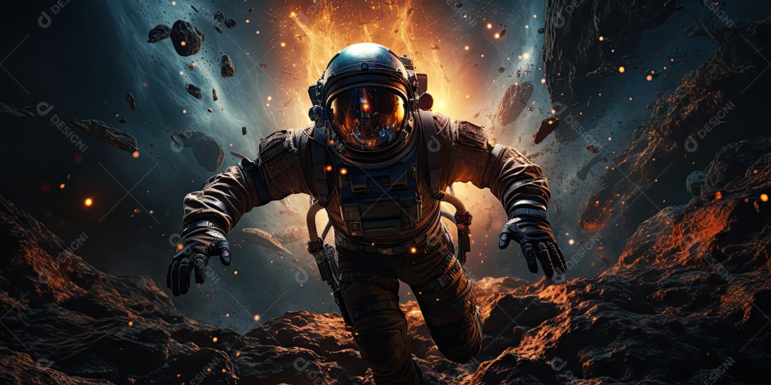 Um astronauta solitário voa em direção ao fim das estrelas na Via Láctea IA Generativa