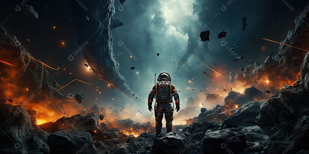 Um astronauta solitário voa em direção ao fim das estrelas na Via Láctea IA Generativa