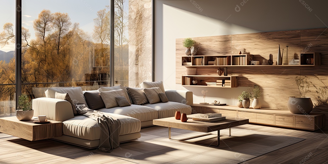 Interiores de apartamentos contemporâneos conceito de fundo de design casual materiais terrosos e tons de cores detalhes belos sob a luz do sol da manhã gerado por IA