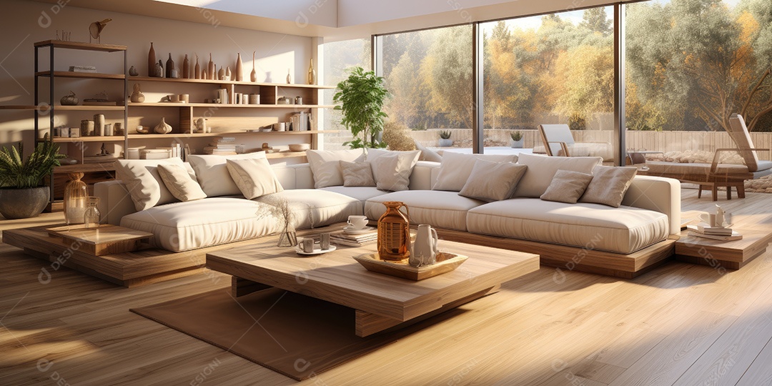 Interiores de apartamentos contemporâneos conceito de fundo de design casual materiais terrosos e tons de cores detalhes belos sob a luz do sol da manhã gerado por IA