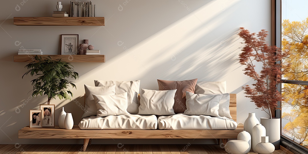 Interiores de apartamentos contemporâneos conceito de fundo de design casual materiais terrosos e tons de cores detalhes belos sob a luz do sol da manhã gerado por IA