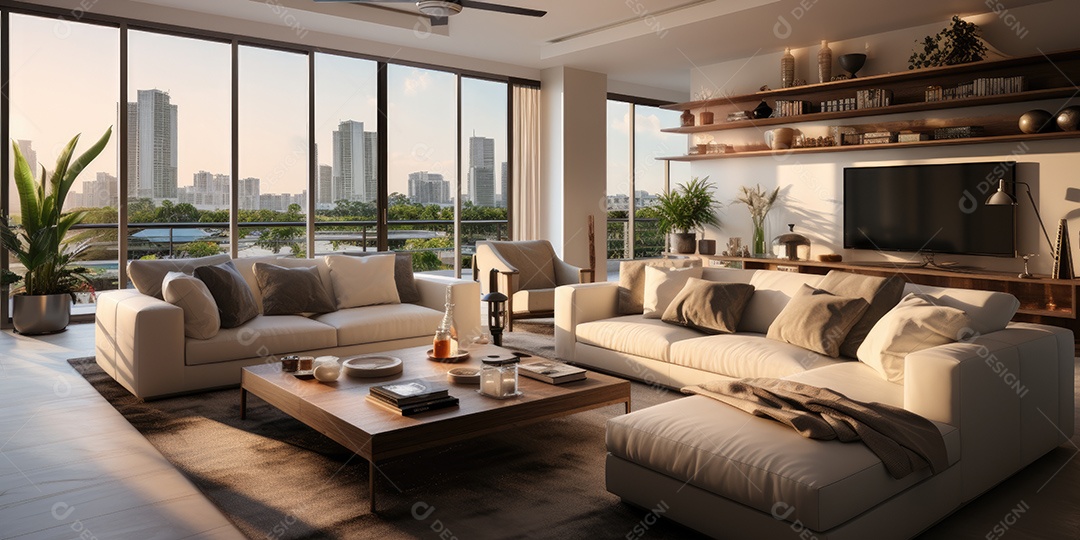 Interiores de apartamentos contemporâneos conceito de fundo de design casual materiais terrosos e tons de cores detalhes belos sob a luz do sol da manhã gerado por IA