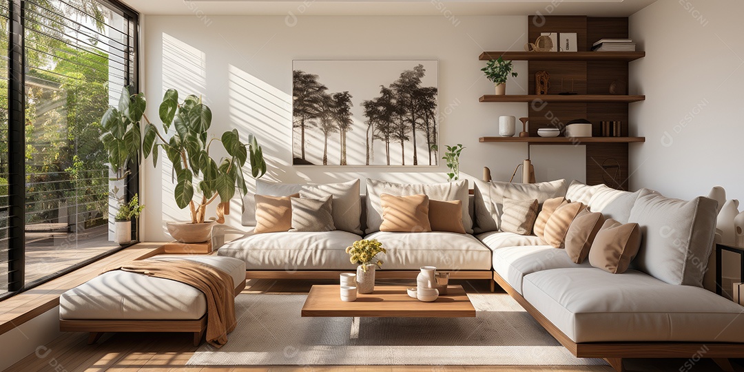 Interiores de apartamentos contemporâneos conceito de fundo de design casual materiais terrosos e tons de cores detalhes belos sob a luz do sol da manhã gerado por IA